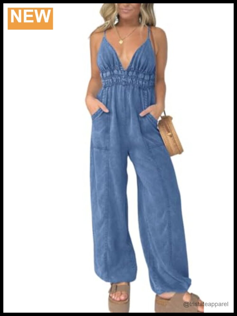 Smocked Elastic Waist Denim Jumpsuit Sleeveless Wide Leg Overalls